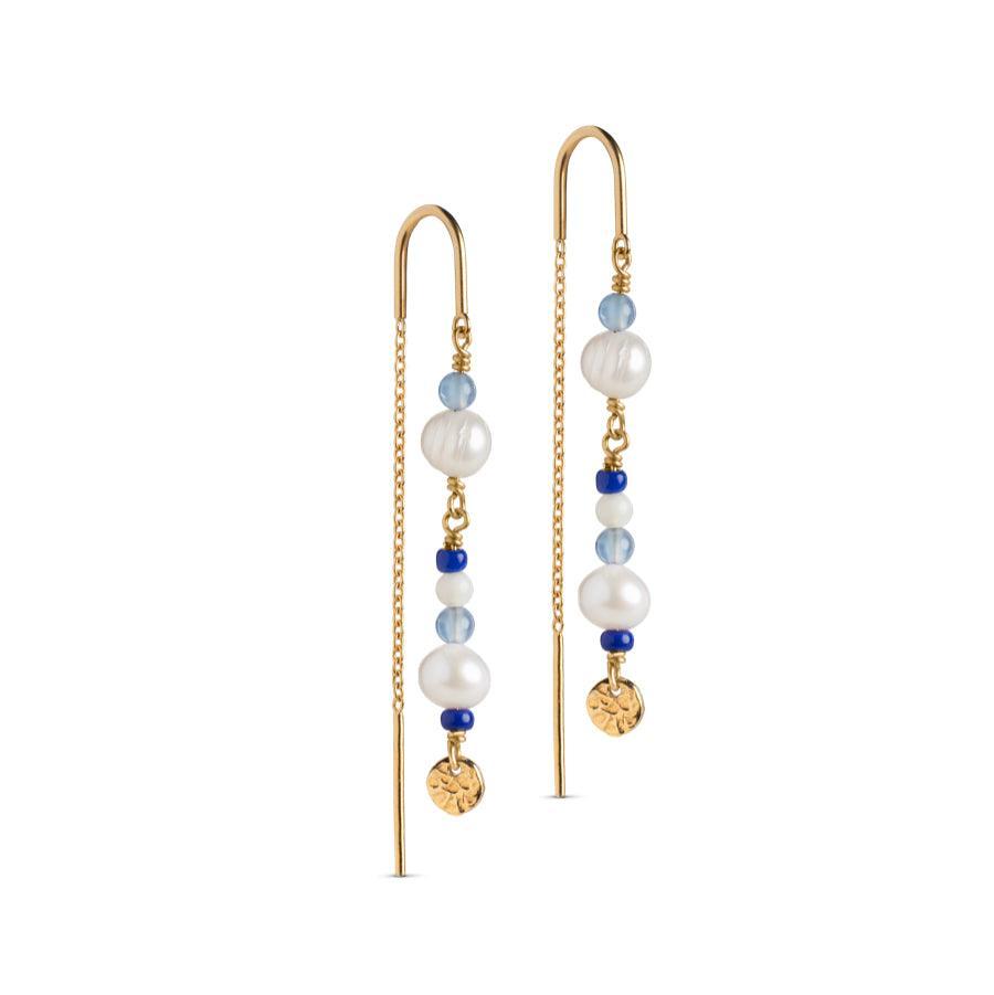 Enamel Sofia Earring Marine with golden chain design, blue and white pearls and round pendant. Model e282g-marine-1.