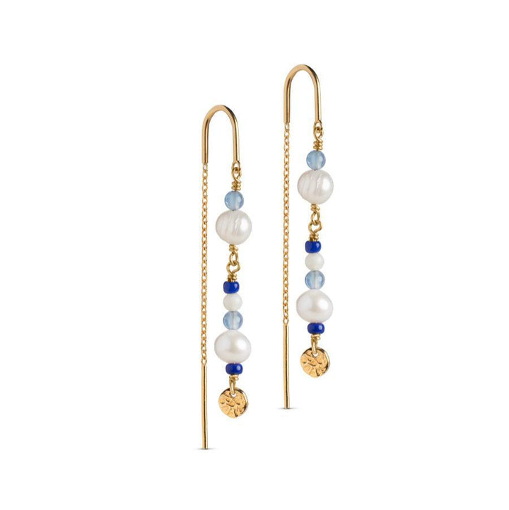 Enamel Sofia Earring Marine with golden chain design, blue and white pearls and round pendant. Model e282g-marine-1.