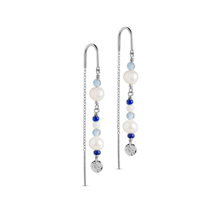 Enamel Sofia Earring Marine shows a pair of elegant silver earrings with white and blue pearls and a round pendant. Model e282s-e282s-1