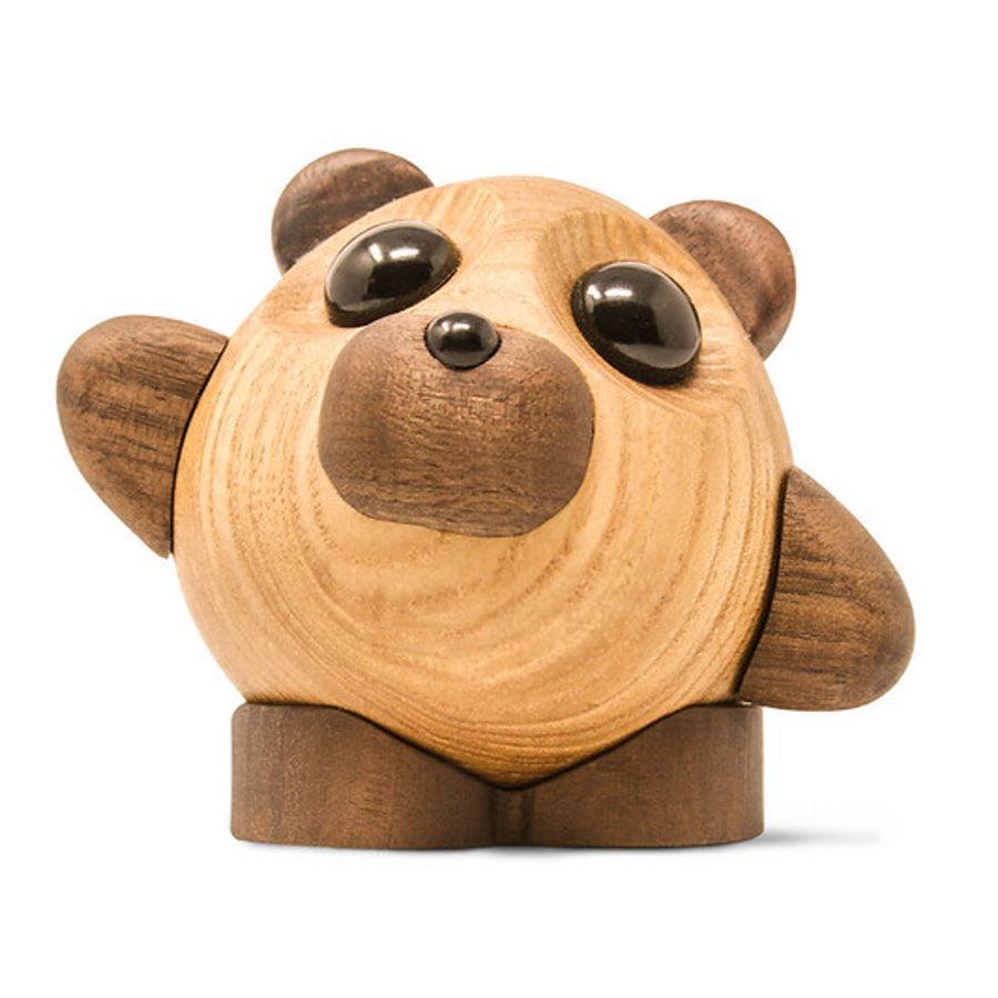 Fablewood Bjornen Teddy wooden figure of light and dark wood with glossy black eyes, Model 1102-1.