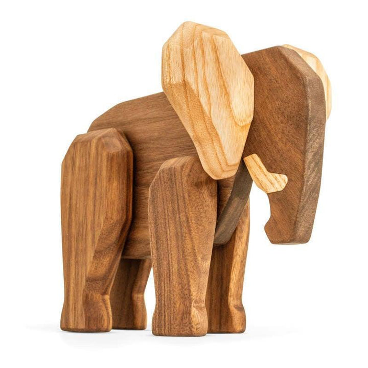FableWood Far Elefant, handmade elephant figure in light and dark wood on a white background. Model fw1031-2