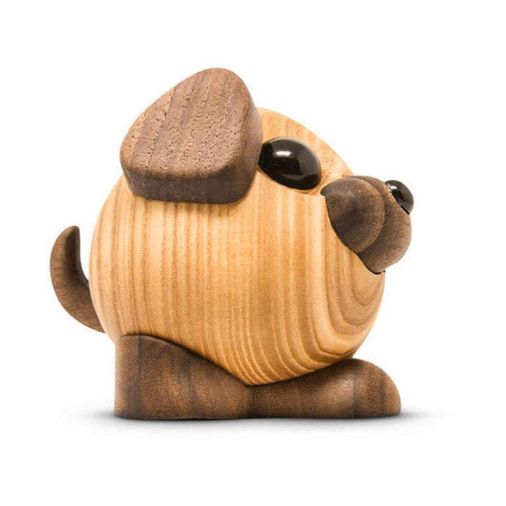 Fablewood Buddy the dog in light and dark wood, stylish, round dog figure, Model 1100-2 from the front.