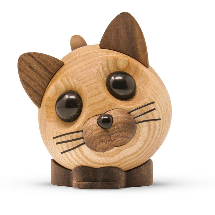 Fablewood Felix the cat wooden figure in light and dark wood, shows detailed eyes and snout. Model 1112-1