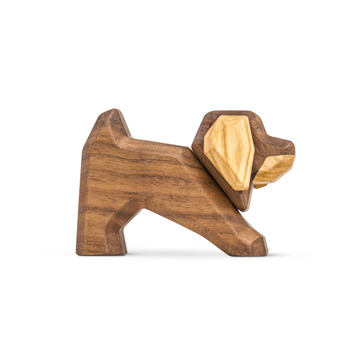 Fablewood Little Dachshund shows a small dachshund figure in dark and light wood, standing on a white background. Model 9009-1.