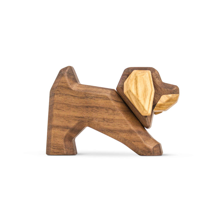 Fablewood Little Dachshund shows a small dachshund figure in dark and light wood, standing on a white background. Model 9009-1.
