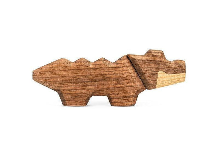 FableWood Little Crocodile in light and dark wood, stylish wooden figure on a white background. Model 9003-1
