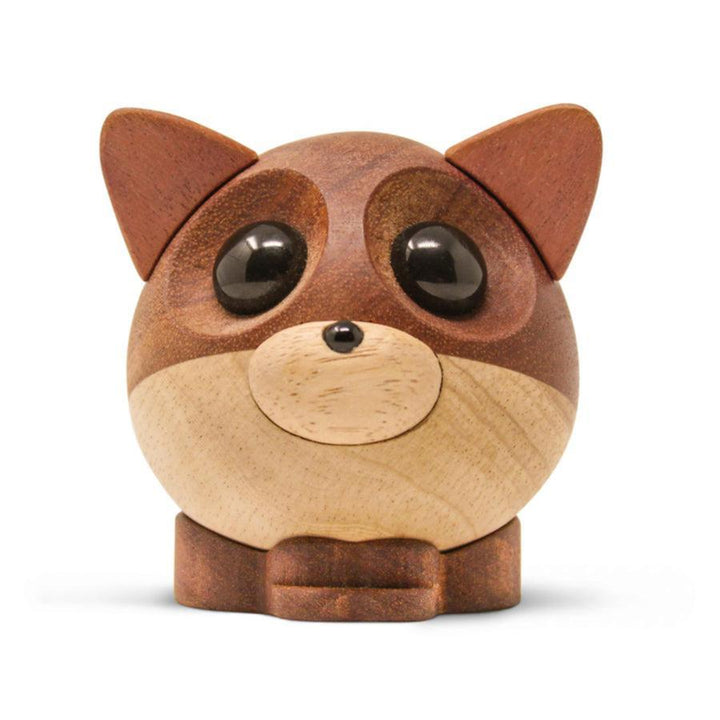 Fablewood Mikkel the fox, round wooden figure in light and dark brown shades with black eyes. Model 1118-1