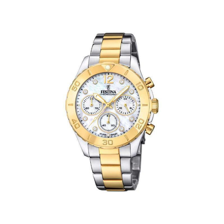 Festina Boyfriend Collection women's watch with white mother-of-pearl dial, golden details and two-tone steel chain. Model F206041-1
