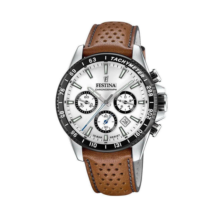 Festina Chrono Sport 20561/1 men's watch with white dial, tachymeter and brown leather strap. Model 20561/1