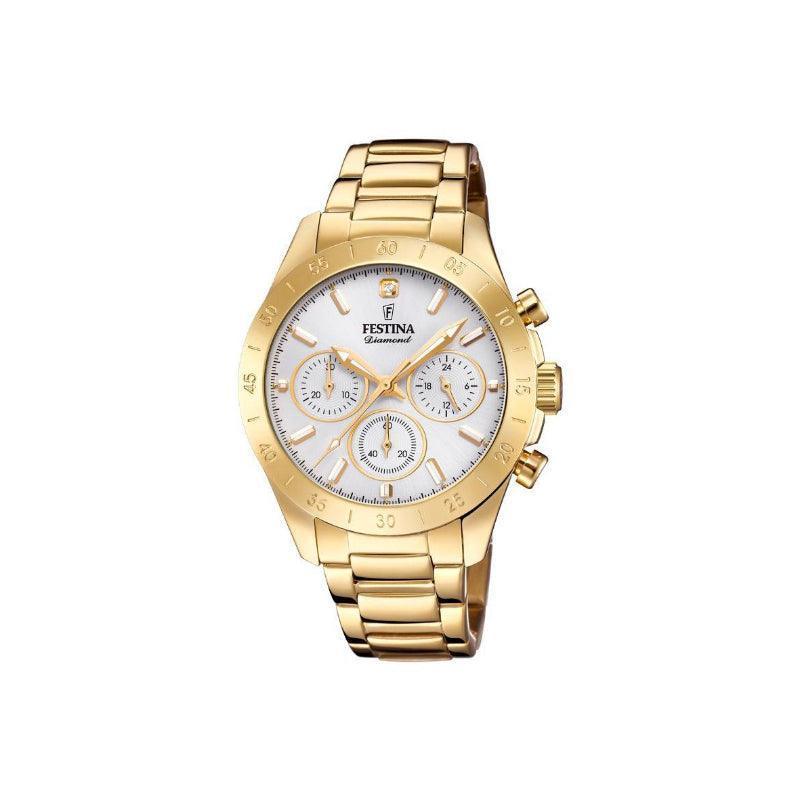 Festina Women's watch Diamond Chrono 204001 is shown in glossy gold color with white dial and chronograph. Model 204001-1.