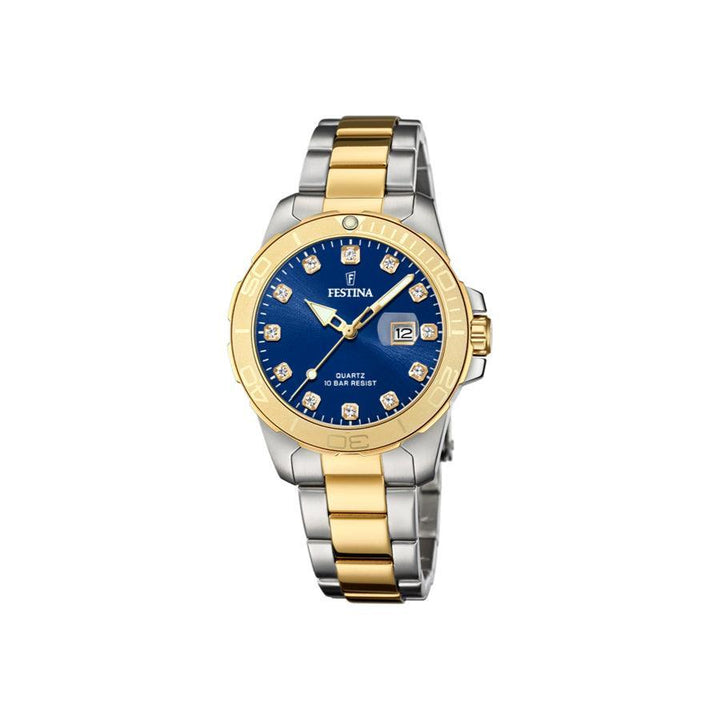 Festina women's watch F205043 shows a two-tone wristwatch with blue dial, gold-tone details and date display. Model F205043-1.