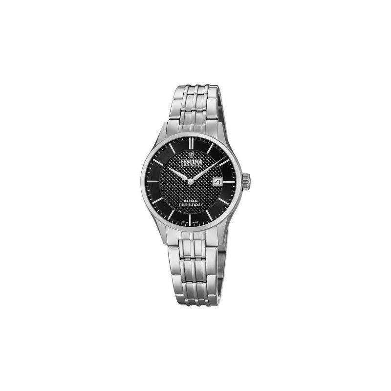 Festina Swiss Made women's watch with black dial and steel strap, elegant design. Model 200064-1.
