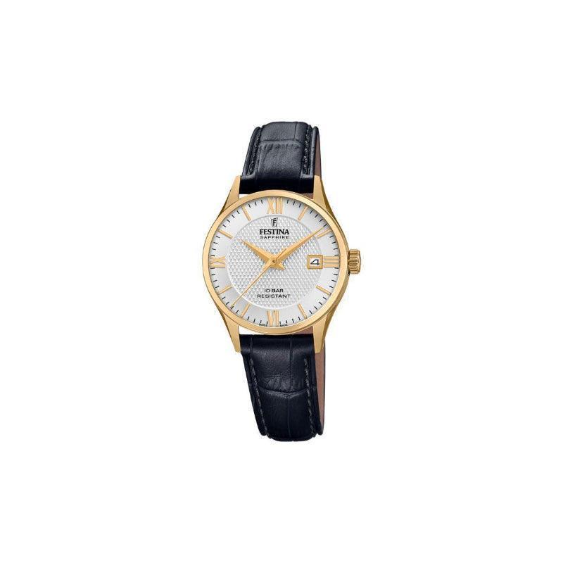 Festina Swiss Made Women's watch with white dial, gold-coloured case and black leather strap. Model 200111-1