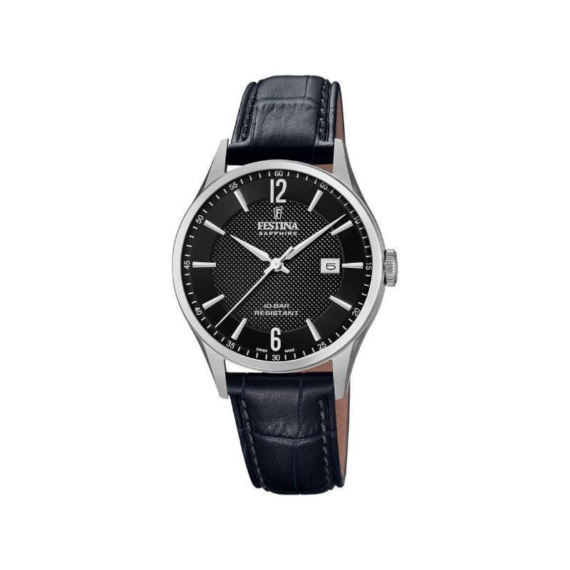 Festina Swiss Made Men's watch with black dial and dark blue leather strap, Model 200074-200074-1.