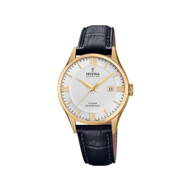 Festina Swiss Made Men's watch with white dial, gold-coloured case and black leather strap. Model 200102-1