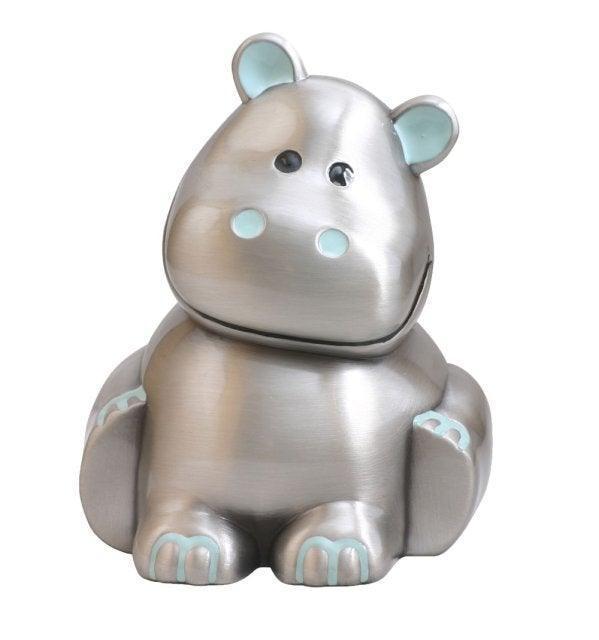 hippo piggy bank light blue ear in brushed metal with light blue details, Model 152-76206-1