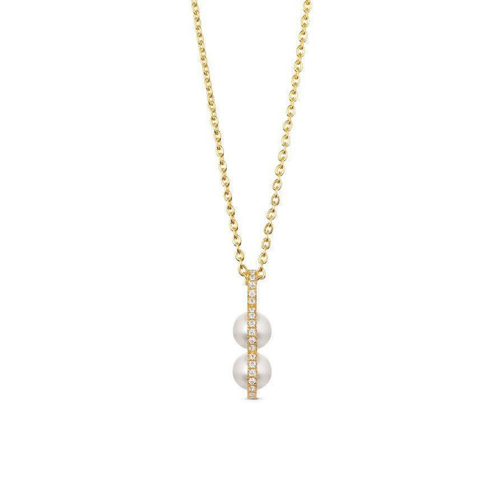 herieth-paul-x-polar-jewelry-bahati-necklace in gold-colored chain with two pearls and zirconia details. Model BAH-NL-GD-WP-WZ-00503