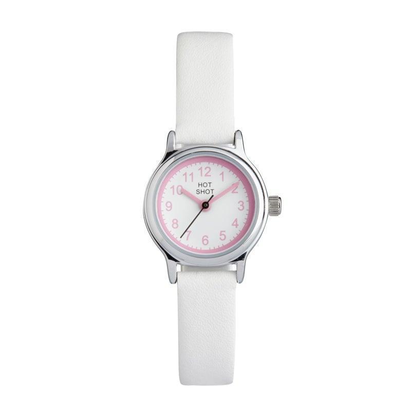 Hot Shot Borneur white dial with pink numerals and white leather strap. Model 09441-1.