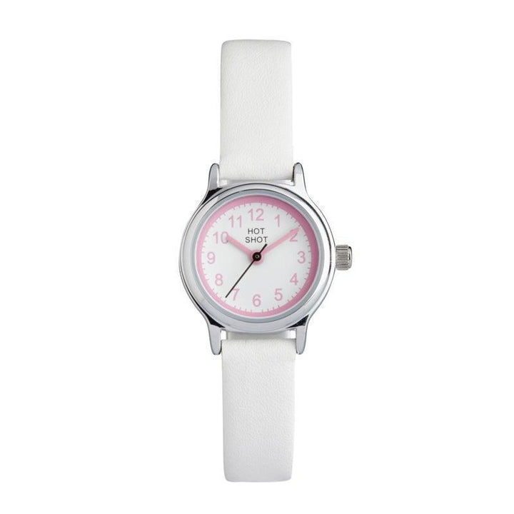 Hot Shot Borneur white dial with pink numerals and white leather strap. Model 09441-1.