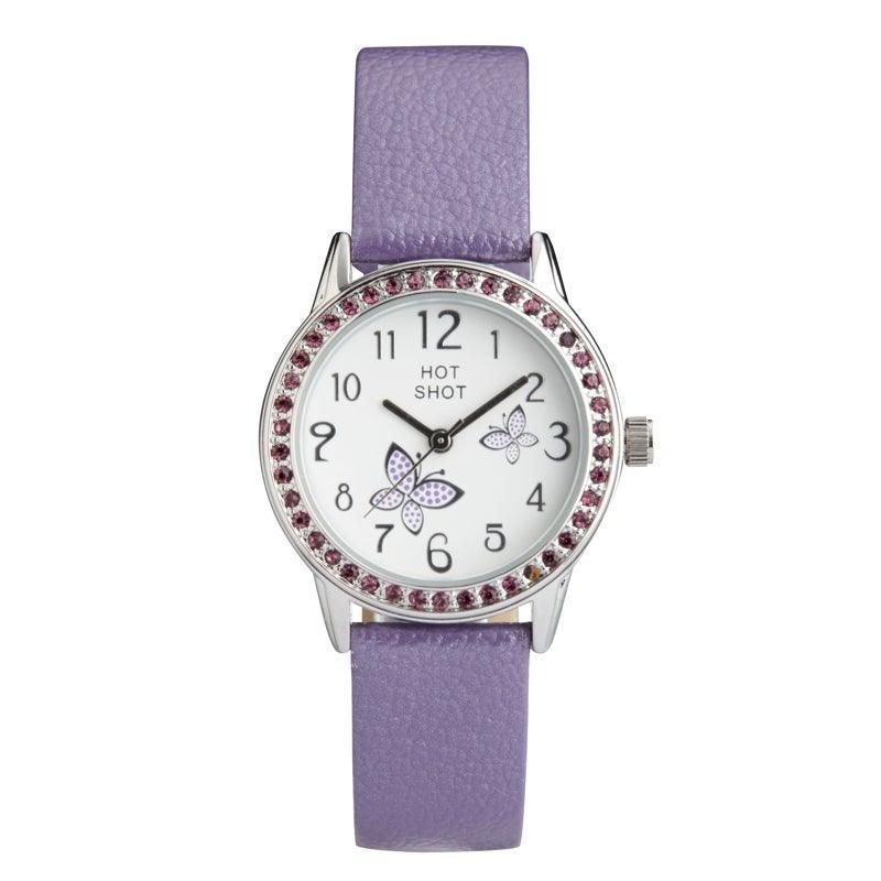 Hot Shot Borneur with purple butterflies with purple leather strap and decorative stones. Model 18783-1.