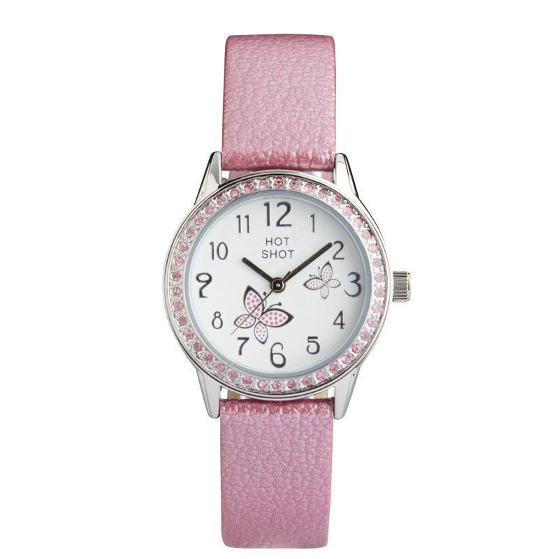 Hot Shot Borneur with pink butterflies, children's watch with pink strap and watch crown decorated with pink stones. Model 18782-1