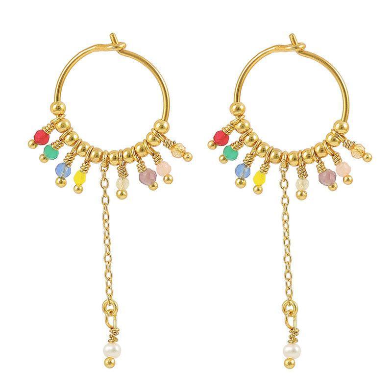 Hultquist Copenhagen Milo earrings with gold finish, colored pearls and long chain. Model S08160G-S08160G-1