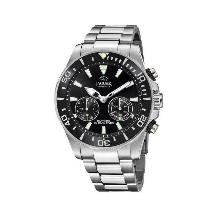 Jaguar men's watch hybrid diver J8882 with black dial, steel strap and clear details. Model J8882-1