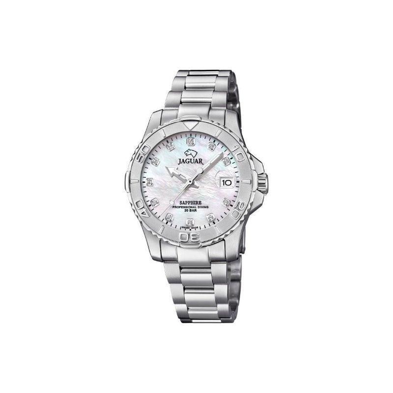 Jaguar Lady's Diver J8701, silver ladies' watch with mother-of-pearl dial and steel chain. Model J8701-1.
