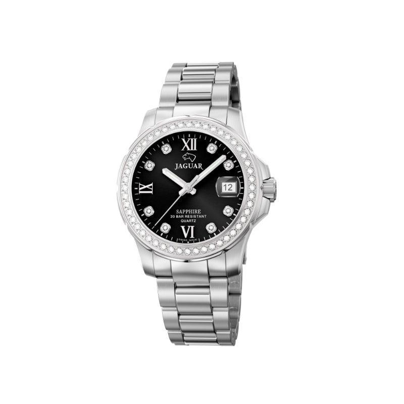 Jaguar Lady's Diver J8924, silver steel ladies watch with black dial, date and stones, Model J8924-1