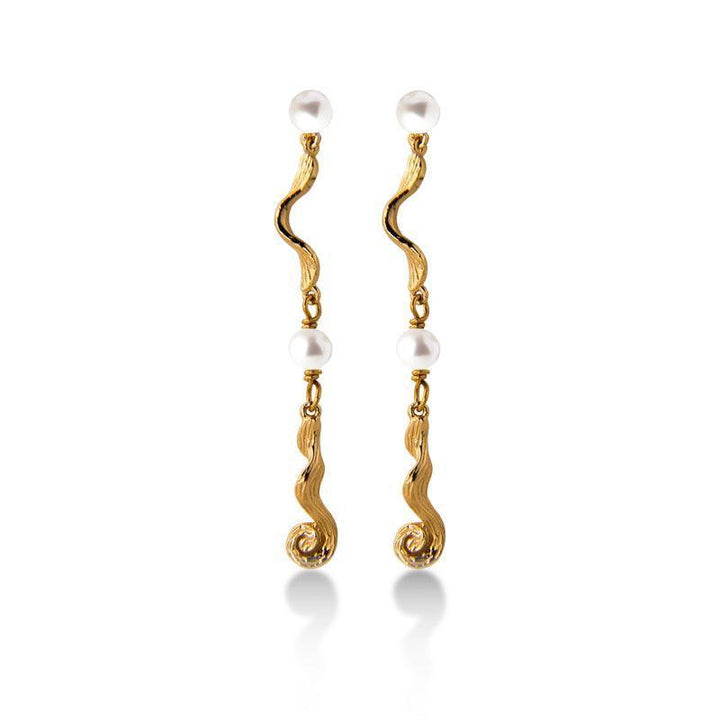 Jeberg Jewelery Ocean Pearl Gold Plated Earring showcases long wavy gold colored earrings with freshwater pearls. Model 51720-51720-1.