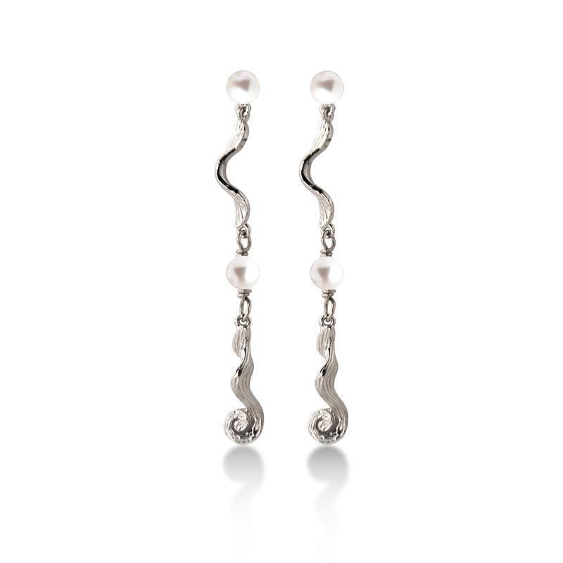 Jeberg Jewelery Ocean Pearl silver earrings with two white pearls and wavy design. Model 51722-51722-1