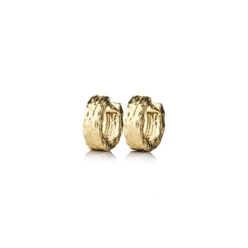 Jeberg Jewelery Piece of the Moon Huggies showcases a pair of chunky hammered gold hoop earrings. Model 5655-5655-1.