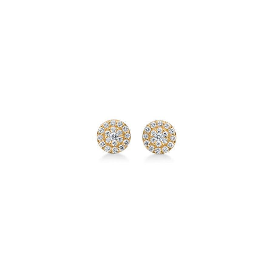 Mads Z 14 kt Eleanor Petite Studs shown as a pair of round gold earrings with clear stones, Model 1511074-1