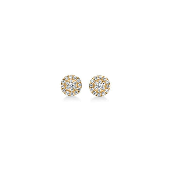 Mads Z 14 kt Eleanor Petite Studs shown as a pair of round gold earrings with clear stones, Model 1511074-1