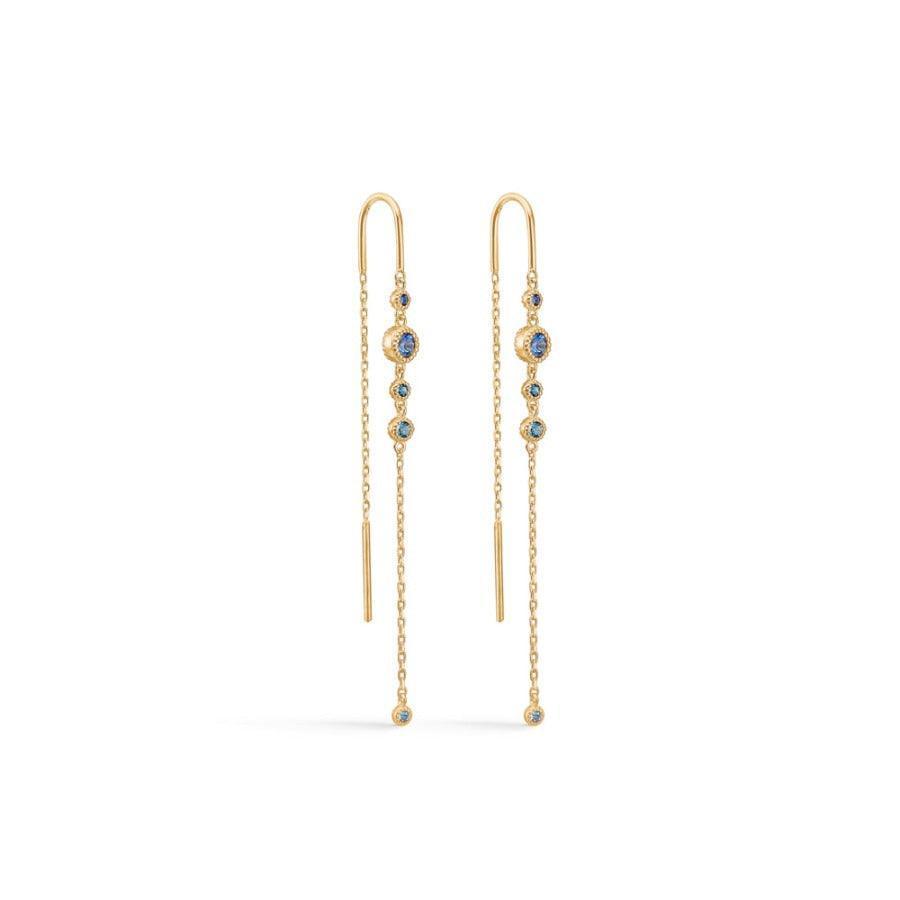 Mads Z 14 kt Luxury Rainbow Blue studs shown as long, gold-colored chain earrings with blue stones, Model 1504064-1504064-1.