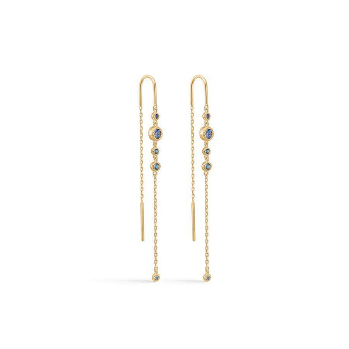 Mads Z 14 kt Luxury Rainbow Blue studs shown as long, gold-colored chain earrings with blue stones, Model 1504064-1504064-1.
