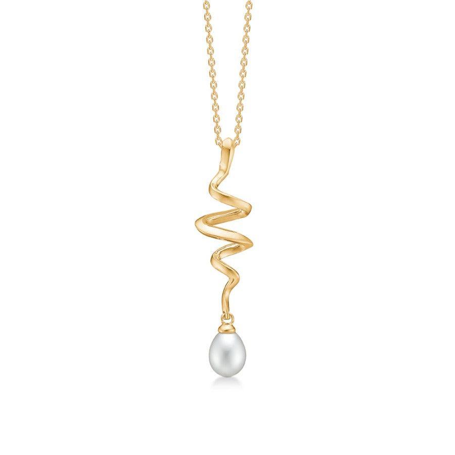 Mads Z 14 kt Swirl Pearl pendant with twisted gold shape and white pearl hanging, Model 1533086-1