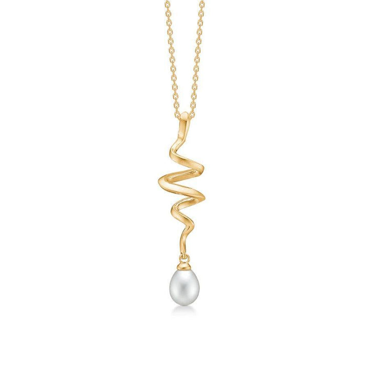 Mads Z 14 kt Swirl Pearl pendant with twisted gold shape and white pearl hanging, Model 1533086-1