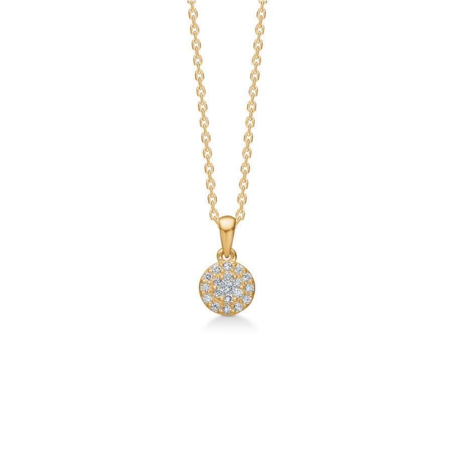 Mads Z 14kt Eleanor Petite pendant 0.12ct shows a round, golden pendant with sparkling diamonds on a chain. Model 1531074-1531074-1.