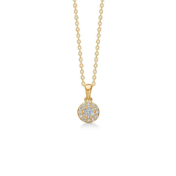Mads Z 14kt Eleanor Petite pendant 0.12ct shows a round, golden pendant with sparkling diamonds on a chain. Model 1531074-1531074-1.