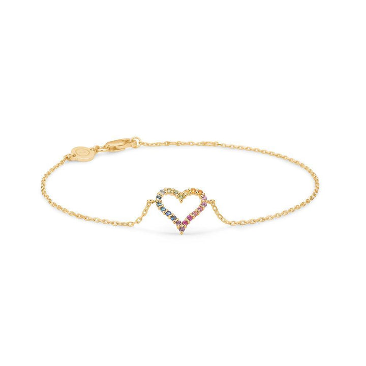 Mads Z 14kt Tender Heart Rainbow bracelet with heart pendant in rainbow colors on fine gold chain. Model 1554340