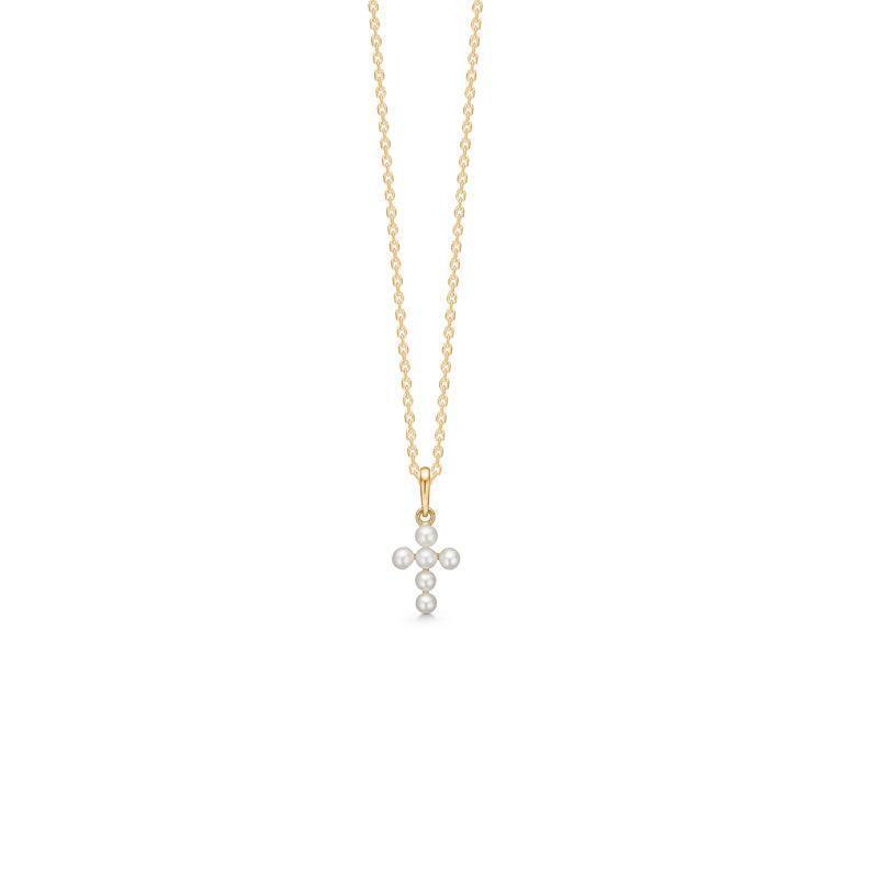 Mads Z 8kt Believe Pendant with pearl studded cross pendant in gold on a fine chain. Model 3333101