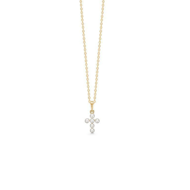 Mads Z 8kt Believe Pendant with pearl studded cross pendant in gold on a fine chain. Model 3333101