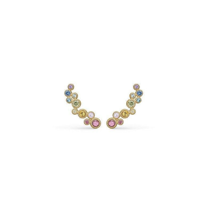 Mads Z Luxury Rainbow Earrings with colored gemstones in gold look, elegant curved design. Model 1514062.