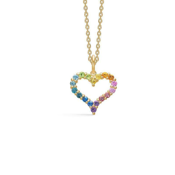 Mads Z Tender Heart Rainbow in 14kt necklace with open heart pendant in rainbow colored stones. Model 1534340