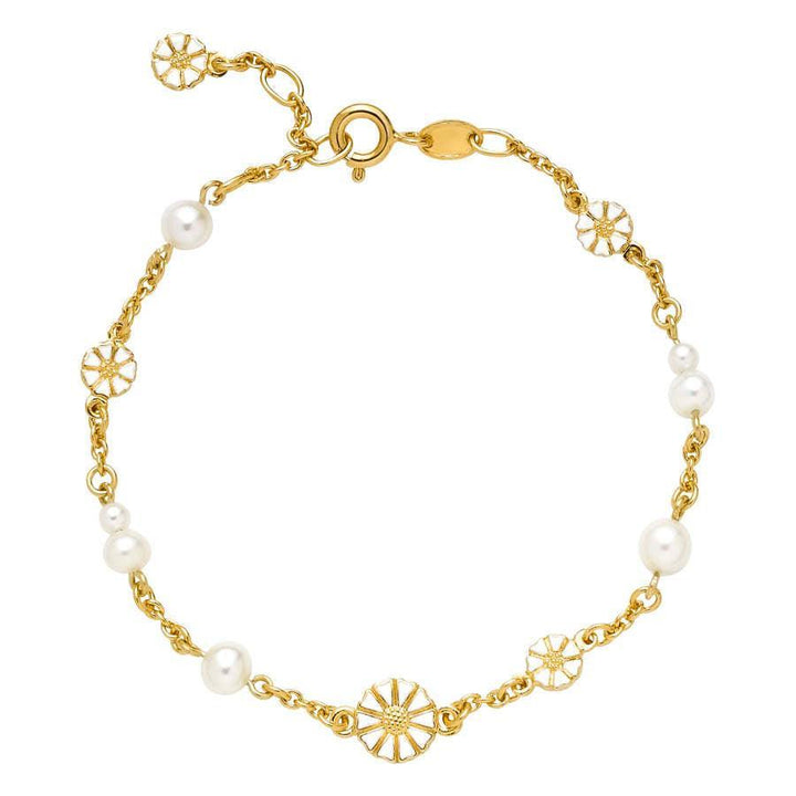 Daisy gold plated bracelet with pearls, elegant open design with daisy flowers and white pearls. Model 9015074-33-M
