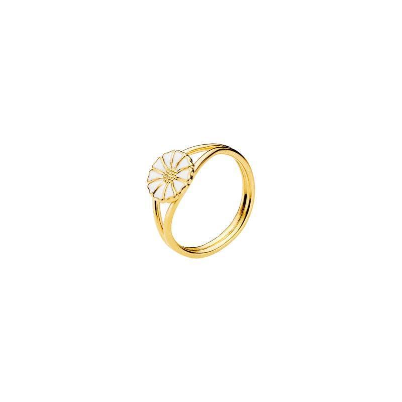 Daisy gold-plated ring 9 mm with white enamel daisy flower on simple gold ring. Model 907009-M-001-1.
