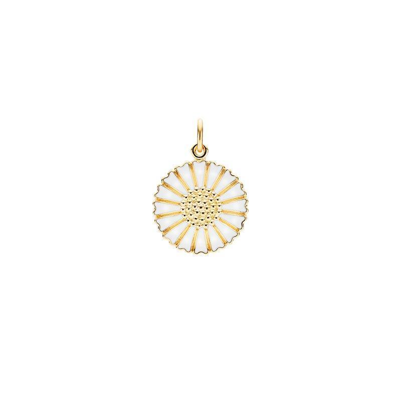 Daisy gilded gold pendant 18mm with white enamel, floral design against white background. Model 908018-M