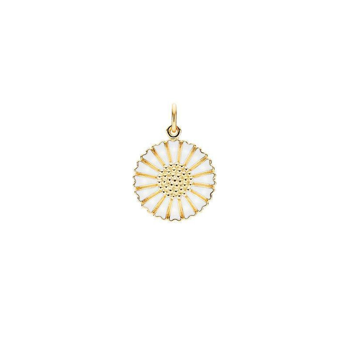 Daisy gilded gold pendant 18mm with white enamel, floral design against white background. Model 908018-M