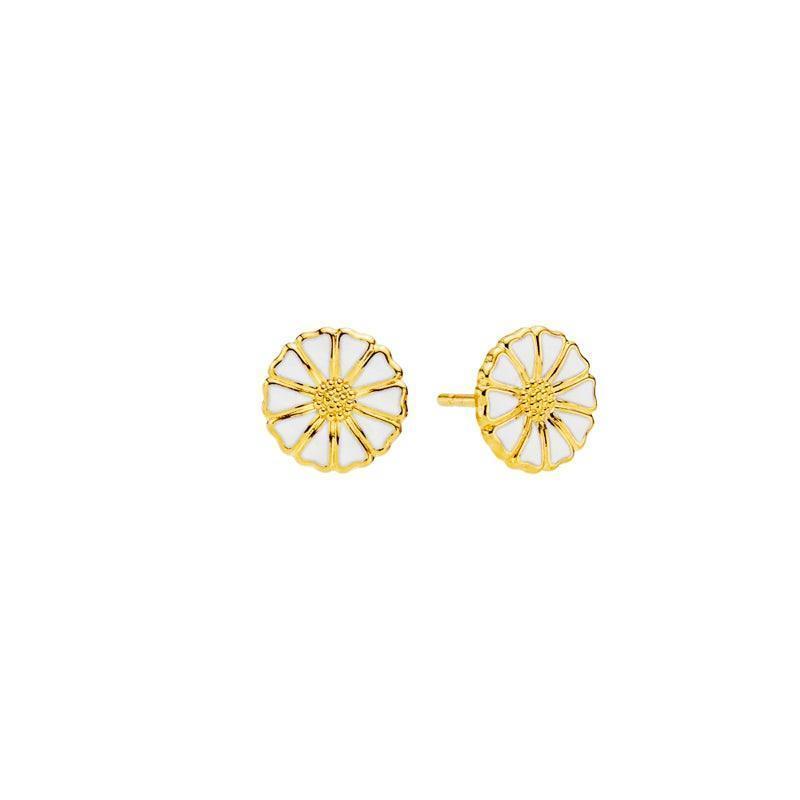 Marguerite gold-plated studs 9 mm, elegant studs in a gold look with white enamel. Model 909009-4-M